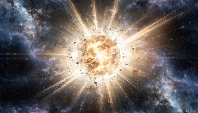 Massive cosmic sunburst explosion in deep space, glowing stars and nebula clouds, cinematic galaxy atmosphere, ultra realistic sci fi artwork