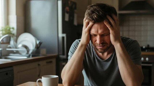 Stressed Caucasian man in his 30s sitting at a kitchen table holding his head in frustration, representing mental health struggles, burnout, and financial anxiety