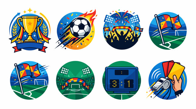 Football Championship Round Badge Set with Soccer Trophy Stadium and Referee Cards
