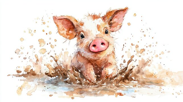 A watercolor painting of a happy piglet splashing and playing in muddy water, with expressive splatters and warm earthy tones.