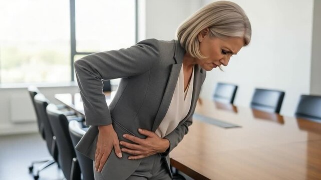 Middle aged businesswoman suffering from acute hip or abdominal pain in a corporate boardroom, concept of workplace health issues, chronic illness, and stress related physical discomfort