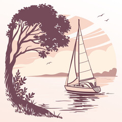 Fototapeta premium Vintage style sailboat on water with tree silhouette and mountain background