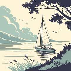 Fototapeta premium Retro Style Sailing Yacht on Peaceful Water with Scenic Mountain Landscape