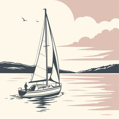 Fototapeta premium Vintage Minimalist Vector Illustration of a Sailboat Navigating Calm Sunset Waters