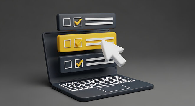 Laptop computer with digital forms and check marks computer application document checkbox technology interface internet business registration selection checklist