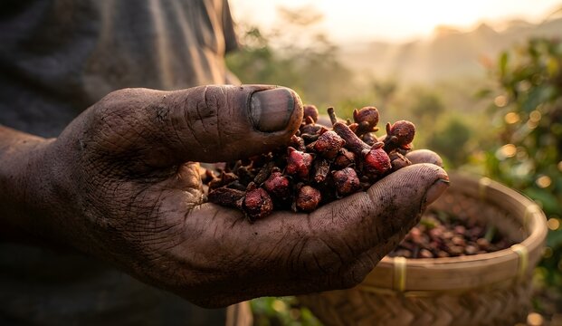 Weathered Farmer&rsquo;s Hand Gently Holding Half-Dried Clove Buds in Plantation