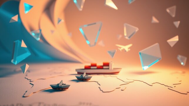 Minimalist scene. Boats float near landform. Geometric shapes drift above. Warm, cool colors blend. Abstract composition evokes travel, exploration.