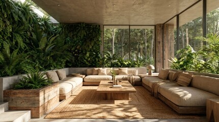 Fototapeta premium Modern biophilic living room interior design, cozy house with green plants and glass wall