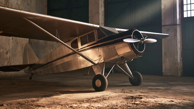 monoplane. Vintage monoplane with polished aluminum fuselage inside an aircraft hangar. mobility guides, transit brochures, designed for mobility and urban transit guides.