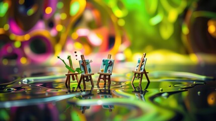 Fototapeta premium Tiny frog artists paint miniature canvases. Vibrant colors reflect upon watery surface. Surreal, playful scene evokes creativity.