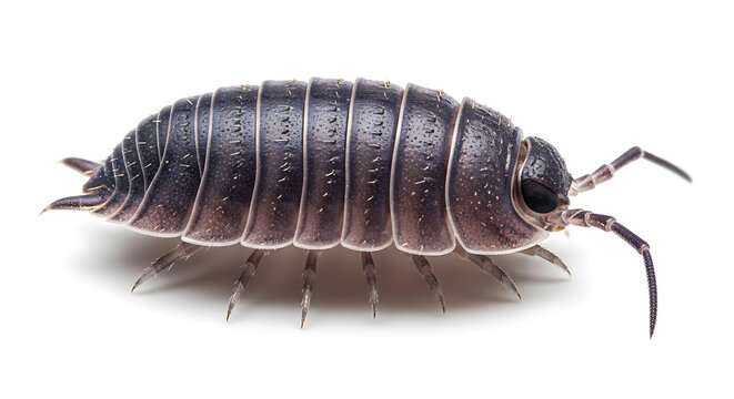 Close-up of an isolated woodlouse on a white background, a common terrestrial crustacean