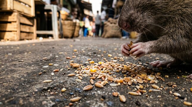 A close-up shot of a rodent foraging for grains and seeds scattered on a rough, weathered asphalt surface in a bustling outdoor market setting, with blurred figures and stalls in the background