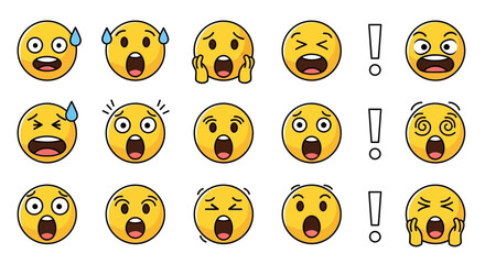 Fototapeta premium Various yellow emoji expressions with different emotional states and exclamation points
