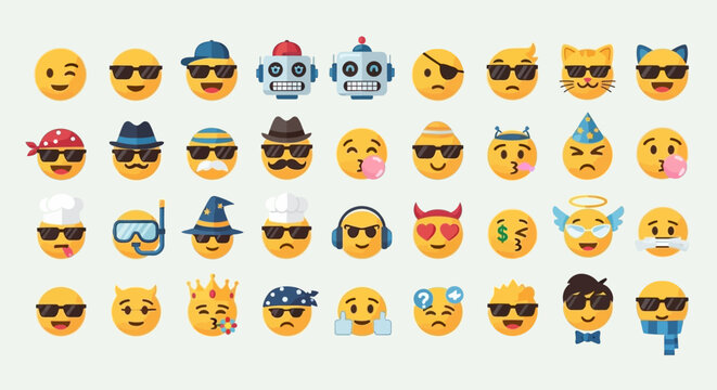 Collection of various emoji faces with sunglasses and different attributes
