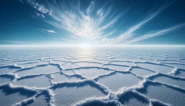 Endless white salt flat desert landscape, vast horizon under clear blue sky