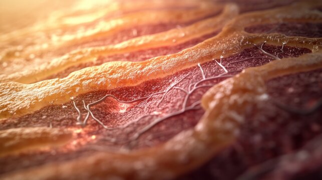 Close-up microscopic view of muscle tissue, showing collagen fibers and fat.