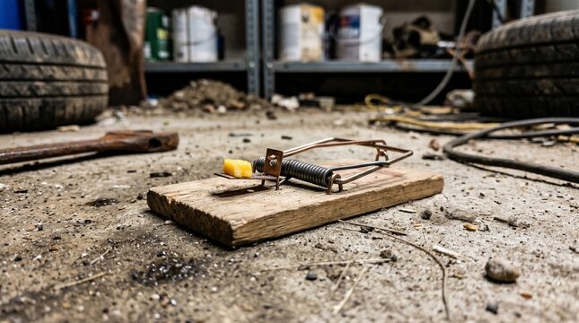 A classic wooden mousetrap, baited with a yellow piece of cheese, sits poised on a dirty, grimy concrete floor amidst a cluttered workshop or garage, awaiting its unsuspecting prey