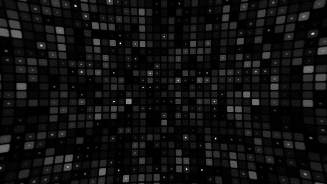 Abstract black and white dynamic grid background with twinkling rounded square tiles and glowing digital elements for modern technology and data visualization concepts