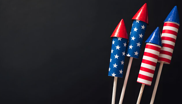 Festive 4th of july firework rocket decorations with american flag patterns on a black background