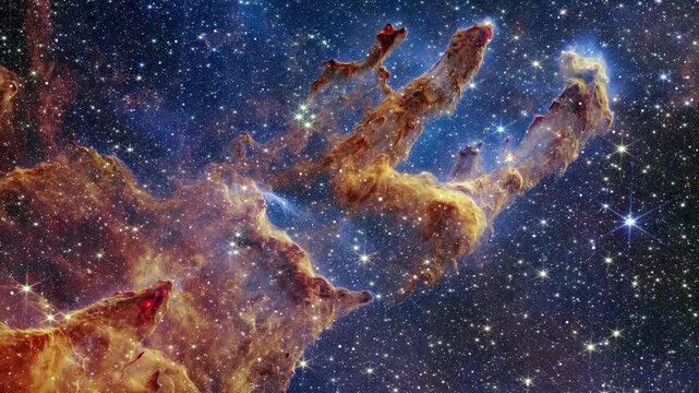Animation of the Pillars of Creation in the Eagle Nebula. Spectacular cosmic view of the stellar nursery with glowing gas clouds and cosmic dust.