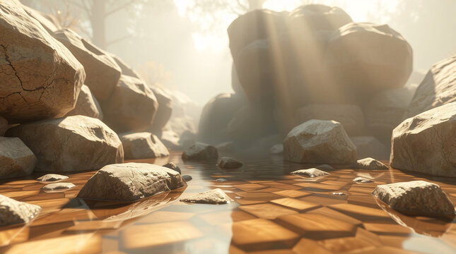 Serene 3D Shallow Stream with Golden Sunbeams Illuminating a Unique Geometric Riverbed