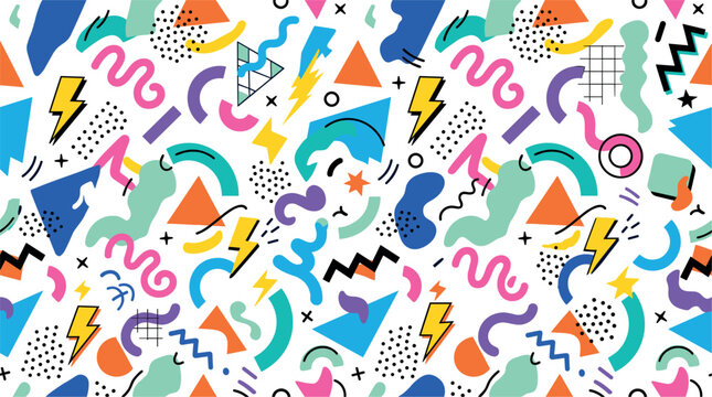 Vibrant Memphis Style Seamless Pattern with Retro Geometric Shapes and Colorful 80s 90s Abstract Elements for Fabric Wallpaper and Graphic Backgrounds