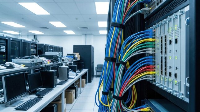 Close-up of organized colorful Ethernet network cables bundled with Velcro straps connected to a patch panel and network switch in a modern data center server room environment.