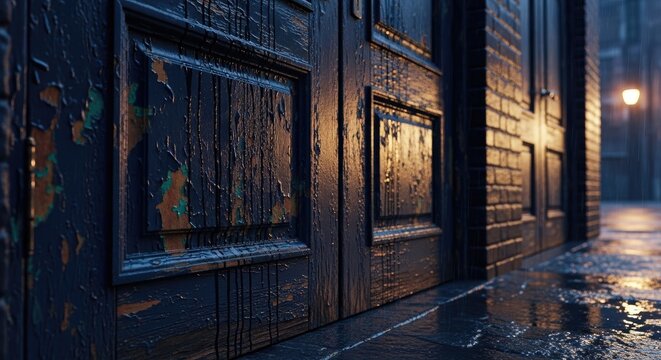 Close-up of a wet wooden door with reflections on the cobblestone street at night.