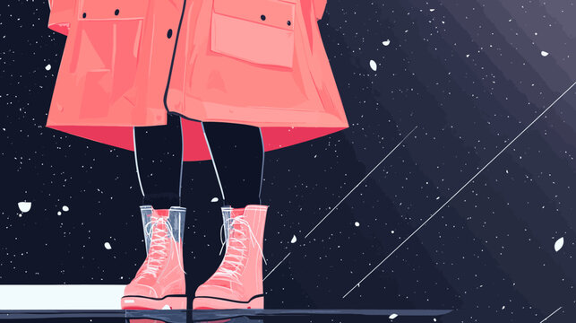 Person standing outdoors in rain with pink boots, black leggings, pink coat