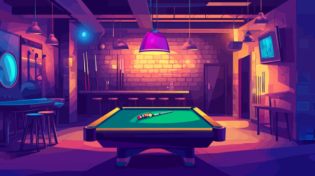 Bright, colorful billiard room with pool table, bar, and lighting