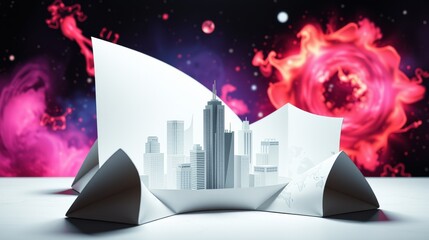 Obraz premium Paper city skyline rises from folded surface. Cosmic nebula background creates dramatic visual contrast. Bright colors, minimalist design.