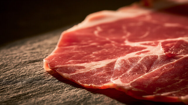 capicola. Close-up of capicola, showcasing deep red meat with intricate white fat marbling. menu design, packaging mockups, designed for food delivery and cloud-kitchen brand materials.