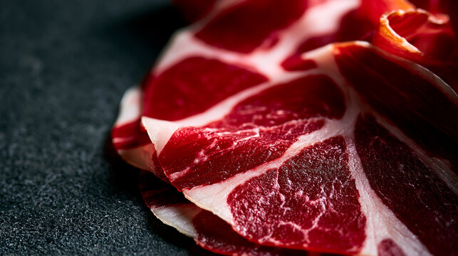 capicola. Close-up of capicola, showcasing deep red meat with intricate white fat marbling. menu design, packaging mockups, designed for food delivery and cloud-kitchen brand materials.