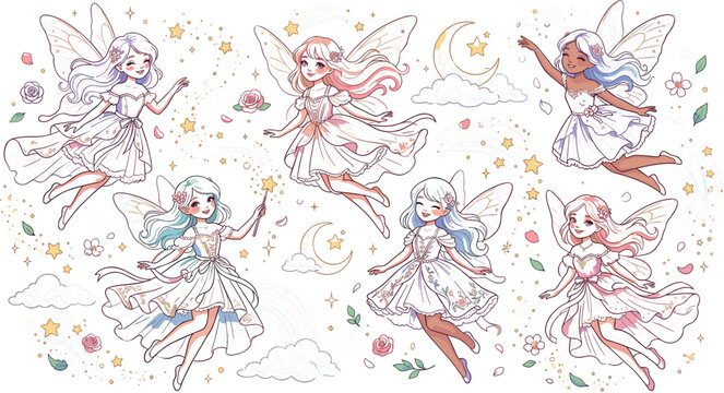 Cute Little Fairy Character Vector Set with Magical Pixie Girls Angel Wings Sparking Stars Moon and Clouds for Fantasy Storybook and Nursery Clip Art Designs