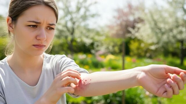 Young woman scratching itchy red skin rash on inner elbow outdoors, suffering from allergic reaction, dermatitis, eczema, or insect bite, medical health concept