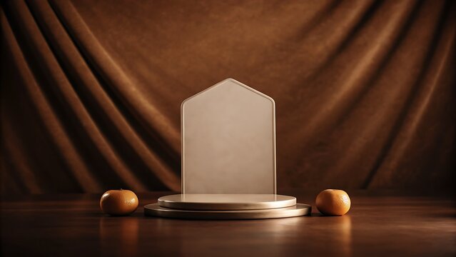 Blank pentagonal sign on round podium with brown velvet curtains