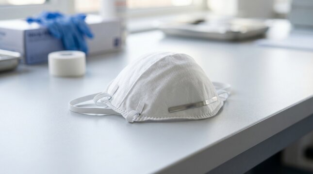 White FFP2 type respiratory protective face mask resting on a sterile, light-colored table, symbolizing essential health safety and infection prevention in a medical or laboratory environment