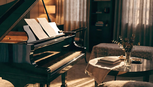 Luxury black piano beside cozy coffee table, warm golden lighting, soft fabric textures, premium apartment interior, cinematic atmosphere, ultra realistic