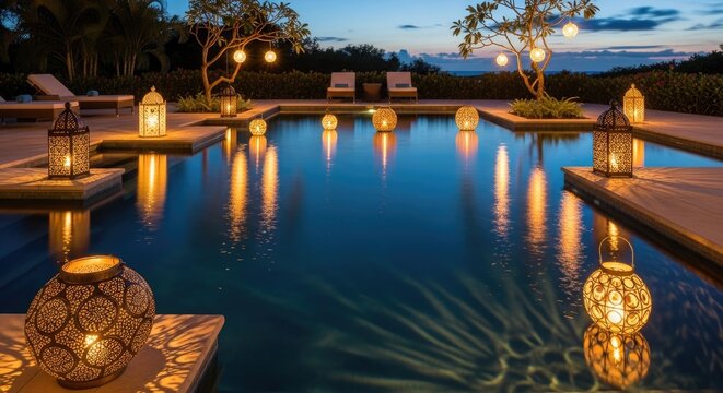 Evening Poolside Ambiance - Lanterns Illuminate the Tranquil Water at Dusk.