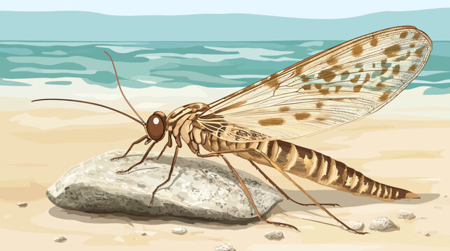A detailed illustration of a large dragonfly perched on a rock at a sunny beach