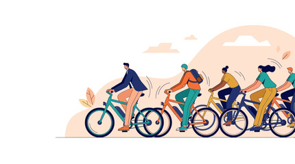 Fototapeta premium Group of Diverse People Riding Electric Bikes for Sustainable Urban Commuting Flat Vector Illustration