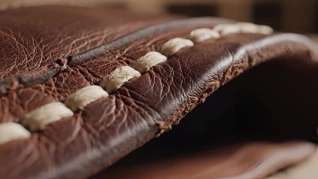 Closeup of detailed stitching on rich brown leather material.