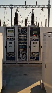 Industrial electrical substation control cabinets at sunset, rows of open switchgear and meter cabinets with bundled wiring, highvoltage insulators and transmission gantries in background, rooftop