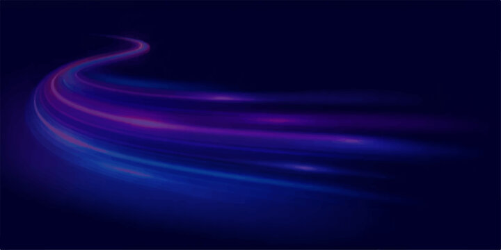 Abstract streaks of light in vibrant purple and blue hues swirl and move across a dark background, creating a dynamic and energetic visual effect that suggests speed and technology.