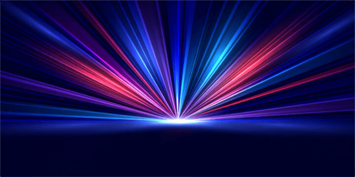 Abstract futuristic light tunnel with vibrant streaks of red, purple, and blue light radiating from a central bright point against a dark background, symbolizing speed, energy, and technology.