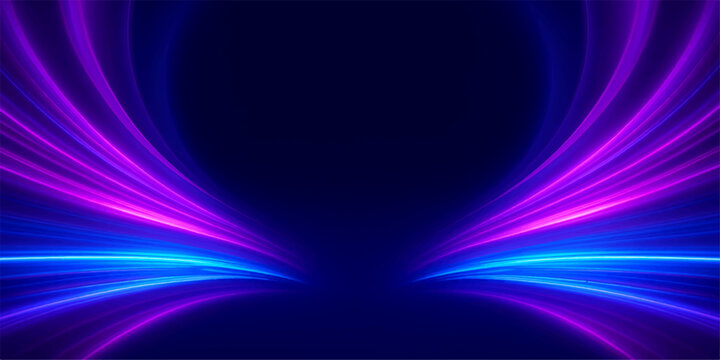 Abstract glowing streaks of neon light in blue and purple hues converge from the bottom of the frame, creating a dynamic, futuristic tunnel effect against a deep navy background.