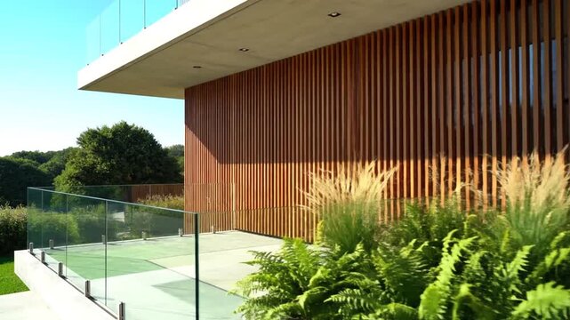 Modern building exterior with a minimalist patio, featuring a vertical wooden slat wall, concrete planter with ferns and grasses, glass balcony railing, and clear blue sky backdrop.