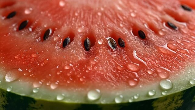 Close-up of juicy red watermelon slice with water droplets, showing black seeds and green rind