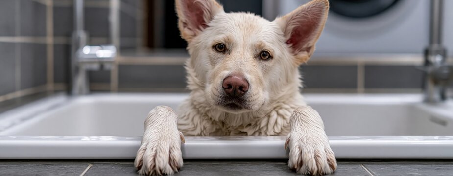 White Dog Looking While Resting Paws on Edge of Home Sink for Bath Time and Pet Friendly Apartment Lifestyle Concept