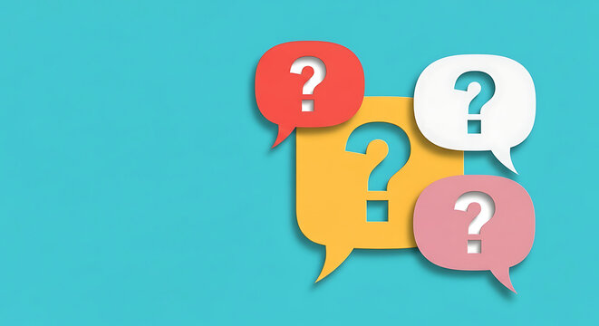 Colorful speech bubble icons with question marks on teal background question communication dialogue colorful background information discussion interaction